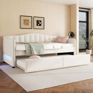 Cama sofá 90x200cm com cama extra LED, linho, gaveta, bege