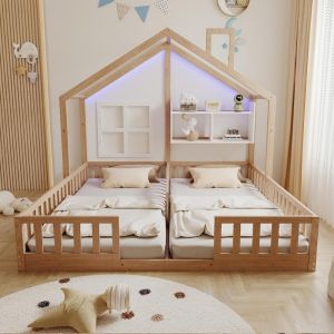 Cama infantil 90x200cm madeira casa com LED, janelas e arrumação