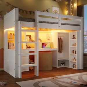 Cama elevada 90x200 cm com LED, roupeiro, secretária e gavetas, branca
