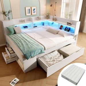 Cama casal 140x200cm com LED, usb-c, gavetas, arrumação, branca