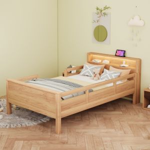 Cama infantil 90x200cm com LED e arrumação madeira natural