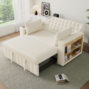 Sofá cama chenille bege 2 lugares com usb arrumação e encosto ajustável