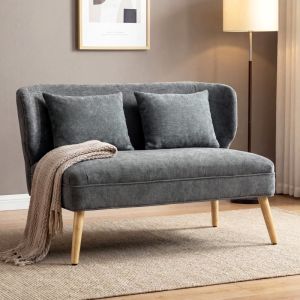 Sofá 2 lugares compacto em chenille cinzento com almofadas