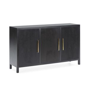 Aparador 150x40x90 em madeira preta com detalhes em metal dourado.