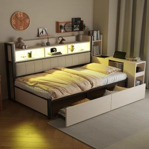 Sofá-cama metálico 90x200cm com arrumação, LED, tomadas, em branco