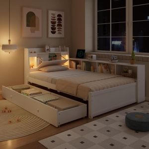 Cama 90x200cm com prateleira, 2 luzes, tomada, gavetas, branca