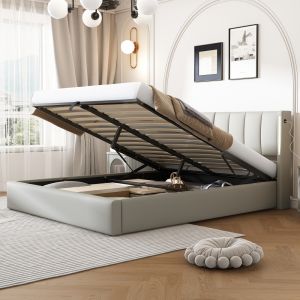 Cama estofada 140x190cm com usb LED e arrumação pele sintética cinzento