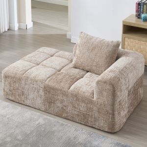 Sofá chaise longue em chenille khaki 1 lugar com almofada e bolsos laterais