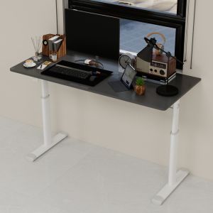 Mesa de escritório regulável manual cinza metal e madeira