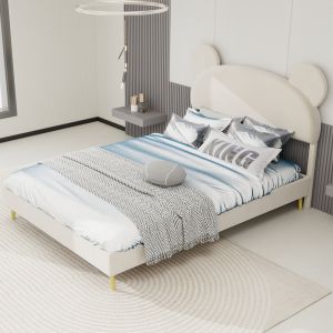 Cama estofada 140x200cm com cabeceira pelúcia e colchão tecido e metal bege