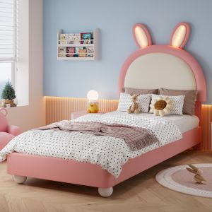 Cama estofada 90x200cm em formato de coelho com luz LED pu – rosa