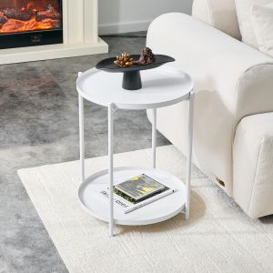 Mesa auxiliar redonda com 2 níveis metal e mdf branco 52x42x42cm