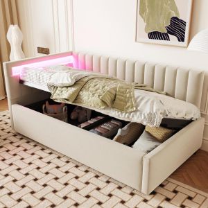 Cama de dia com LED, baú hidráulico, estrado, 90x200 cm, bege
