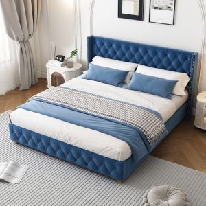 Cama estofada 160x200cm com estrado e cabeceira capitonê veludo azul