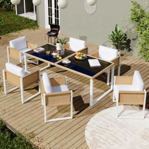 Conjunto jantar exterior vime sintético 6 cadeiras 170x80x75cm castanho