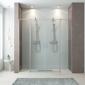 Ecrã de duche frontal, 2 portas dobráveis, 2 fixas em cromo de 140cm.