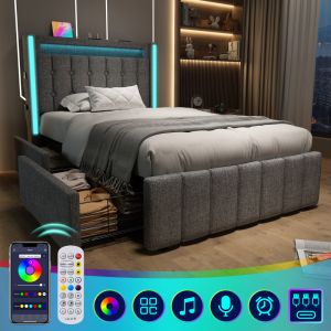 Cama estofada 90x200cm com carregamento e arrumação linho cinzento