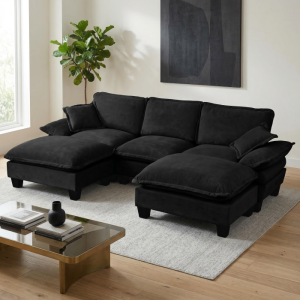 Sofá modular em u em chenille preto com 2 otomanas e 2 almofadas