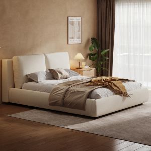 Cama de casal 180x200cm com cabeceira estofada bouclé bege