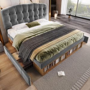 Cama 140x190cm veludo cabeceira ajustável gavetas arrumação cinza