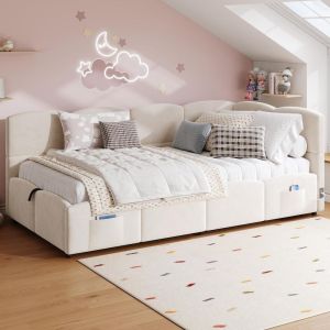 Cama sofá 90x200cm com arrumação hidráulica, usb, bolso bege
