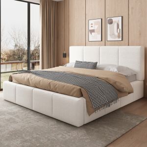 Cama de casal 180x200cm com estrado e cabeceira bouclé – bege