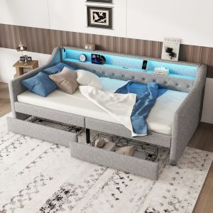 Sofá cama 90x200cm com arrumação LED porta usb linho – cinzento