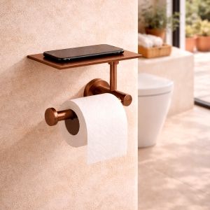 Porta-rolô em inox satinado e ouro rosa com prateleira de apoio