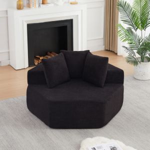 Poltrona modular hexagonal em chenille preto com 3 almofadas
