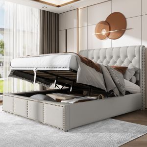 Cama estofada 140x190cm com arrumação em linho – cor cinzento