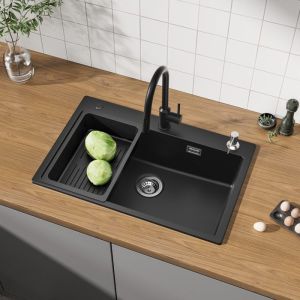 Pia de cozinha - preto - 70x45cm - granito - torneira misturadora giratória