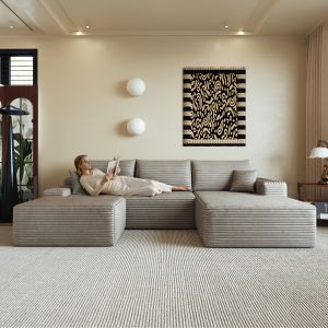 Sofá modular de canto em l tecido camel 3 lugares com assento profundo