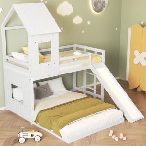 Beliche 140x200cm e 90x200cm com escorrega e casa madeira branco