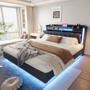 Cama estofada 160x200cm com LED e usb arrumação linho – cinzento