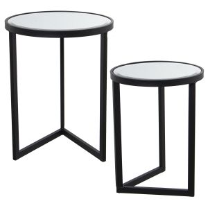 Conjunto de 2 mesas de metal preto com espelho.