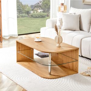 Mesa de centro com arrumação vidro e madeira natural 42x100x60cm