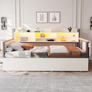 Cama sofá 90x200 branca com LED, secretária dobrável e gavetas
