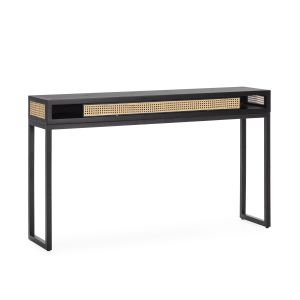 Mesa de consola 142x30x84 em madeira preta, rattan natural e metal preto.