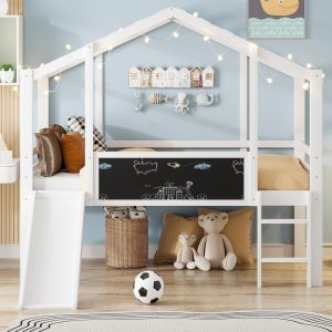 Cama cabana infantil 90x200cm madeira branca com tobogã