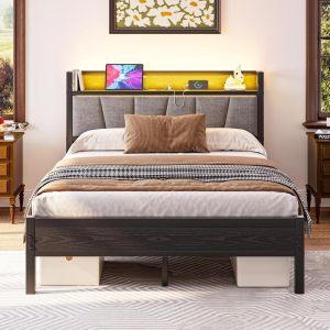 Cama 140x190cm cabeceira usb LED silenciosa sem sommier metal cinza