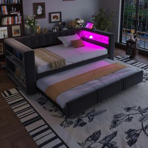 Sofá-cama convertível 90-180x190 cm com LED, arrumação cinzento-escuro