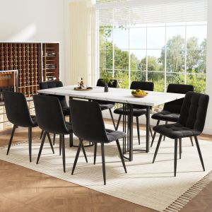 Conjunto mesa de jantar extensível com 8 cadeiras em veludo preto e branco