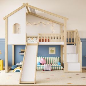 Cama alta 90x200cm com escorrega, escada e arrumação, branco natural