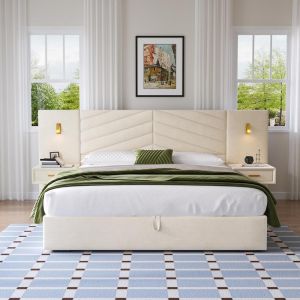 Cama baú veludo 160x200cm hidráulica com LED e 2 bancos bege