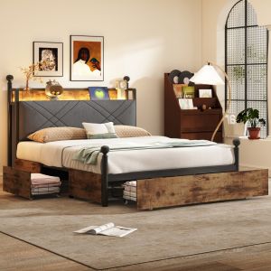 Cama de casal 140x190 cm com arrumação e LED metal preto