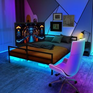 Cama metálica 206 cm com iluminação LED e suporte ajustável – preto