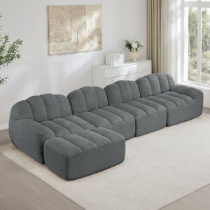 Sofá modular 4 lugares com otomana em tecido cinzento