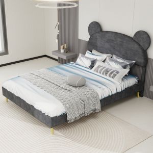 Cama infantil 140x200cm com cabeceira de pelúcia metal e tecido – cinzento