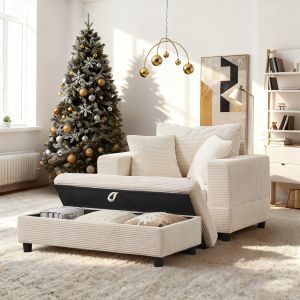 Sofá chaise longue com arrumação e apoio para pés bege