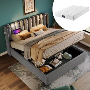 Cama com arrumação, cabeceira 140x200 cm, luz de leitura, usb, cinza
